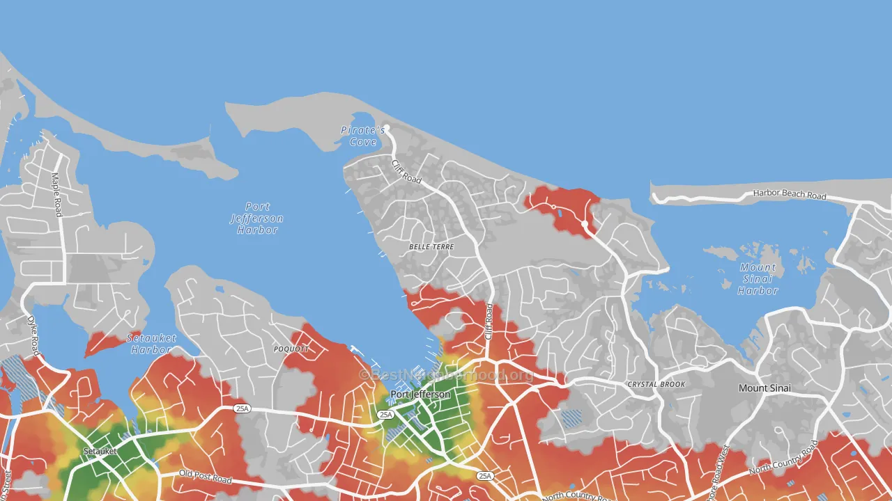 Walk Grade map of Belle Terre, NY, walkable areas in green and car-dependent areas in red