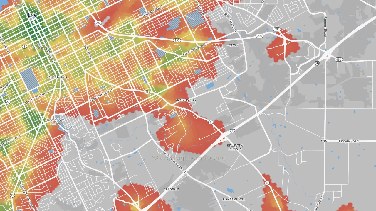 Walk Grade map of Belle Valley, Erie, PA, walkable areas in green and car-dependent areas in red