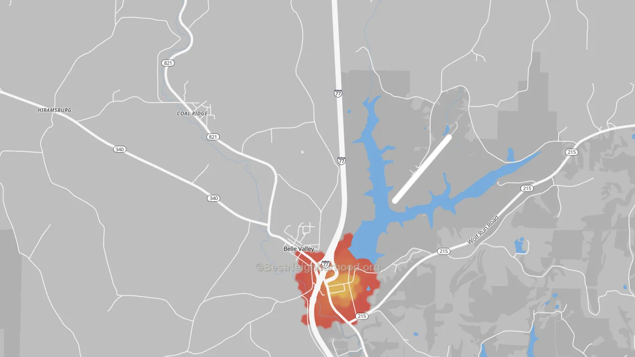 Walk Grade map of Belle Valley, OH, walkable areas in green and car-dependent areas in red