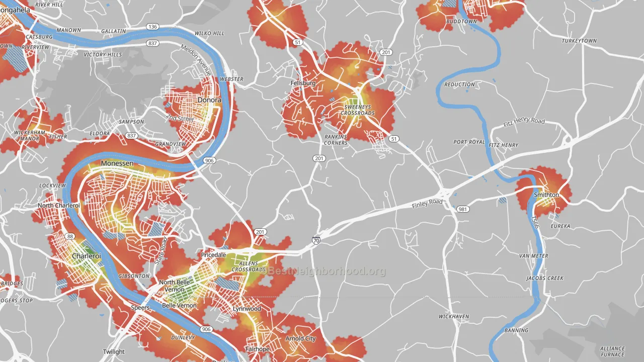 Walk Grade map of Belle Vernon, PA, walkable areas in green and car-dependent areas in red