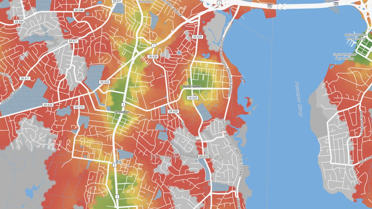 Walk Grade map of Belle View, VA, walkable areas in green and car-dependent areas in red