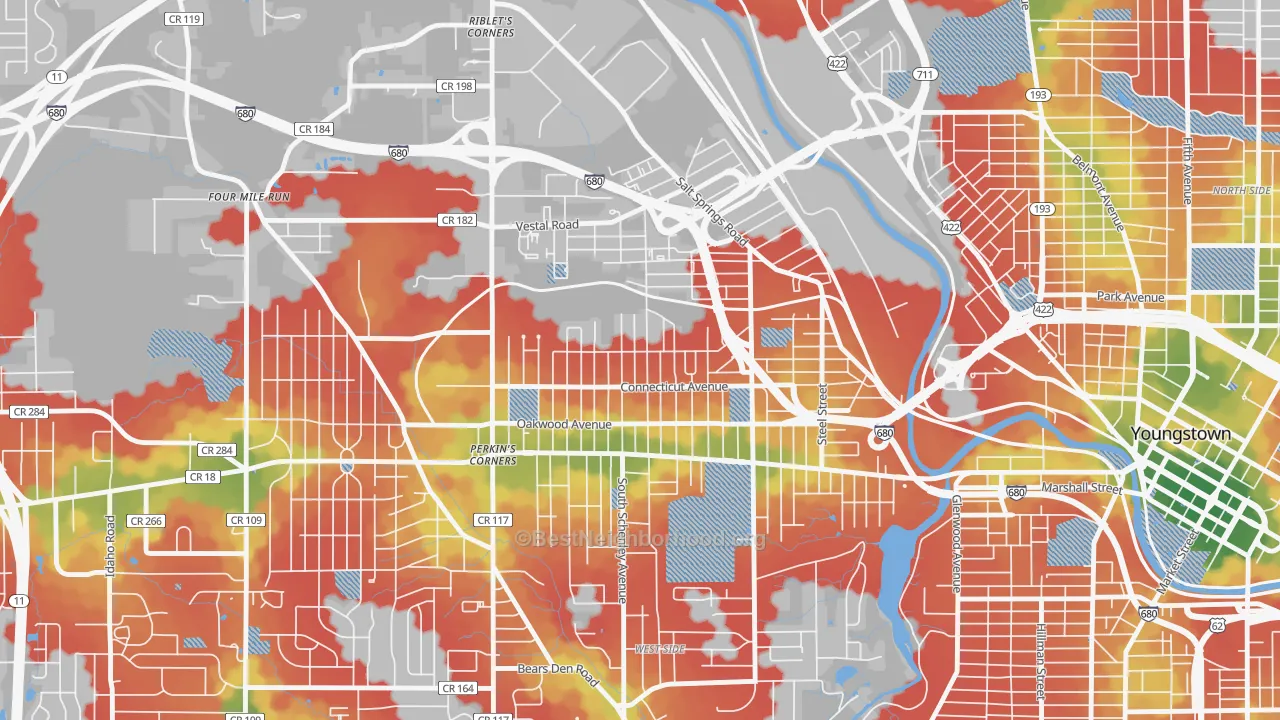 Walk Grade map of Belle Vista, Youngstown, OH, walkable areas in green and car-dependent areas in red