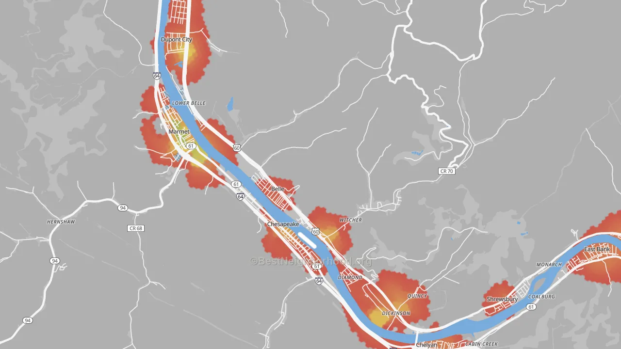 Walk Grade map of Belle, WV, walkable areas in green and car-dependent areas in red