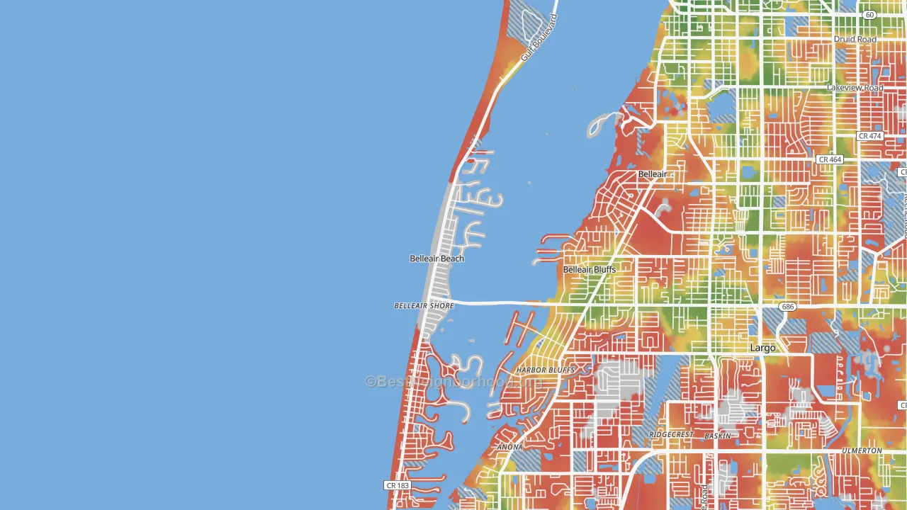 Walk Grade map of Belleair Beach, FL, walkable areas in green and car-dependent areas in red