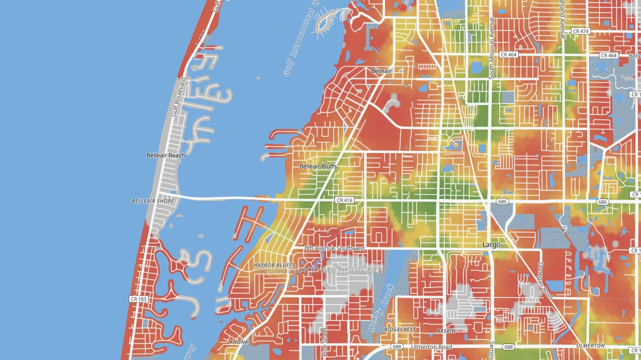 Walk Grade map of Belleair Bluffs, FL, walkable areas in green and car-dependent areas in red