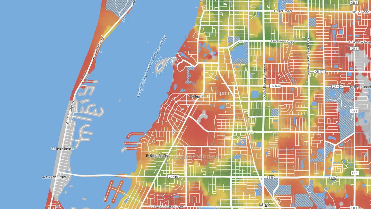 Walk Grade map of Belleair, FL, walkable areas in green and car-dependent areas in red