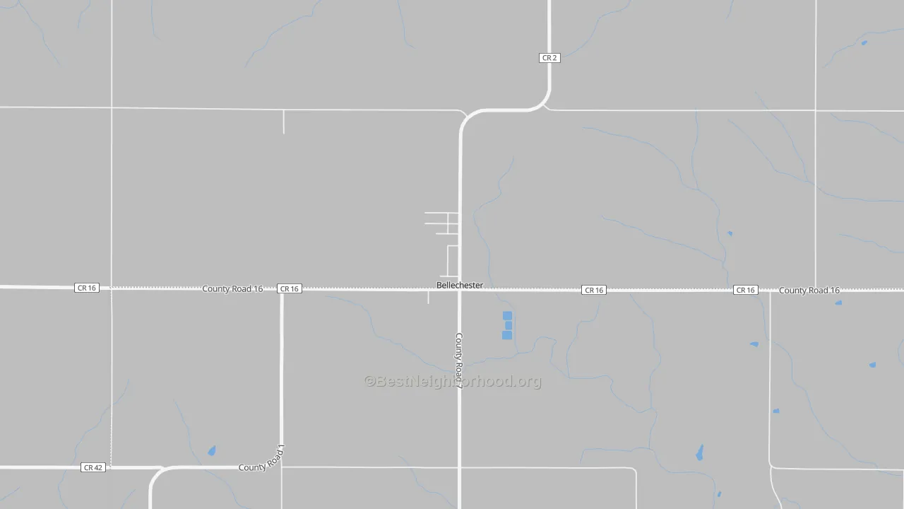 Walk Grade map of Bellechester, MN, walkable areas in green and car-dependent areas in red