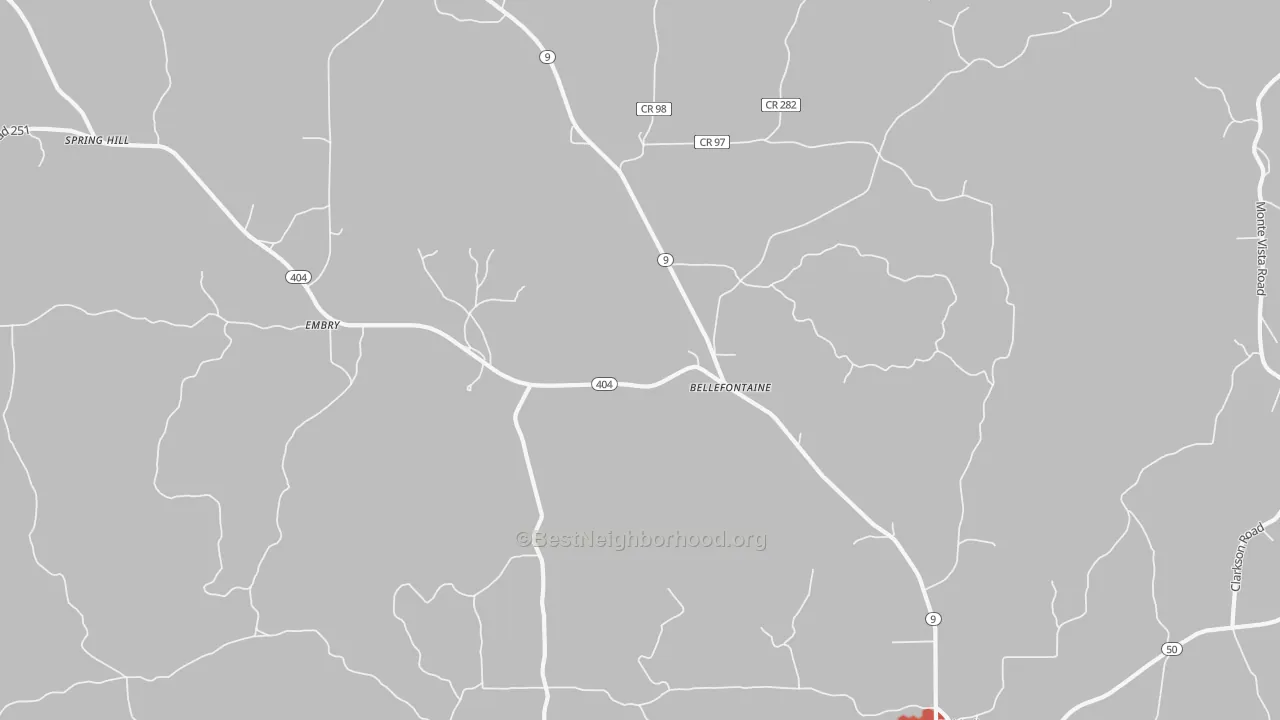 Walk Grade map of Bellefontaine, MS, walkable areas in green and car-dependent areas in red