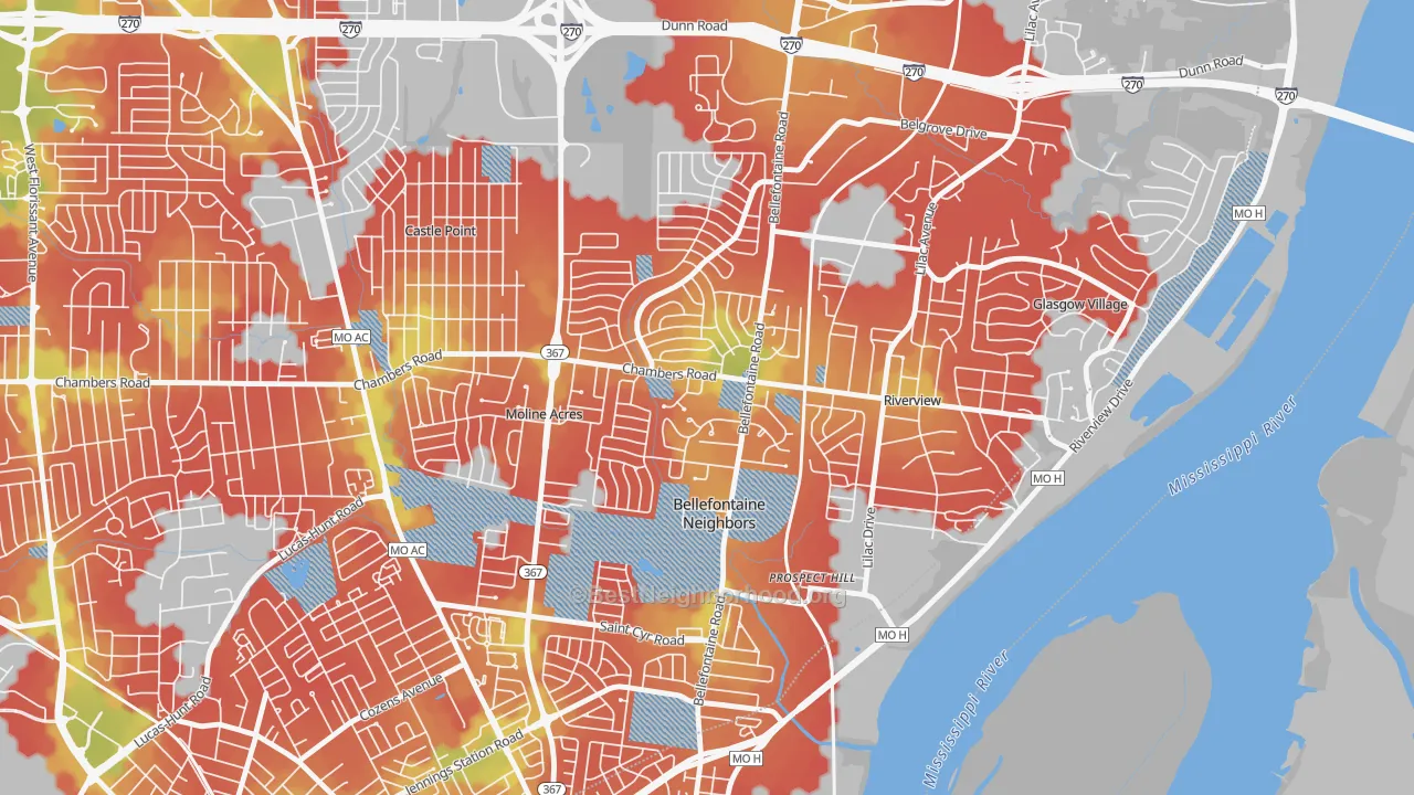 Walk Grade map of Bellefontaine Neighbors, MO, walkable areas in green and car-dependent areas in red