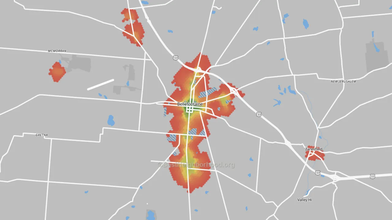 Walk Grade map of Bellefontaine, OH, walkable areas in green and car-dependent areas in red