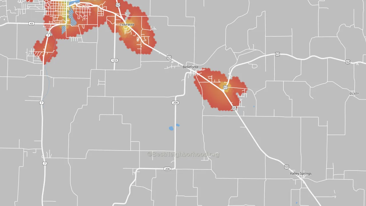 Walk Grade map of Bellefonte, AR, walkable areas in green and car-dependent areas in red