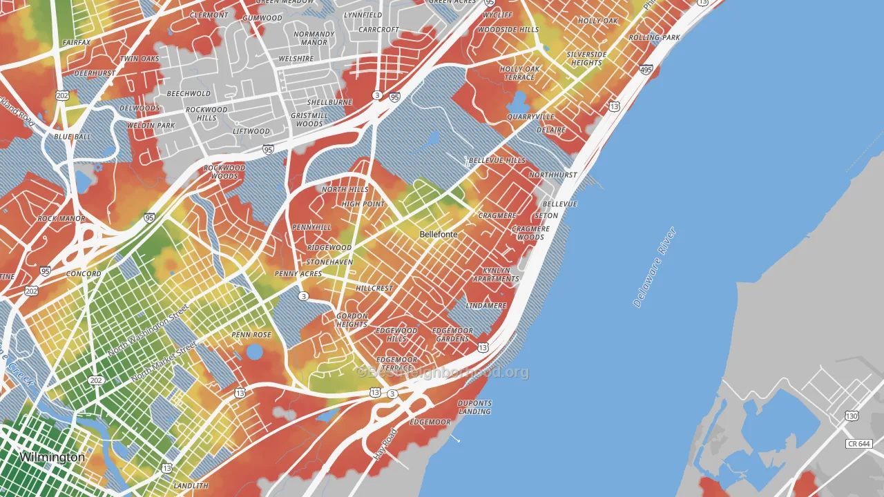 Walk Grade map of Bellefonte, DE, walkable areas in green and car-dependent areas in red