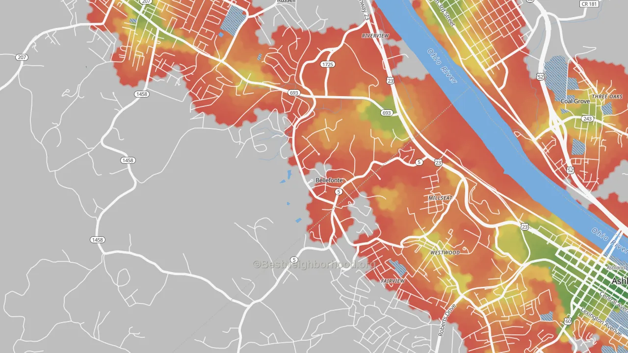 Walk Grade map of Bellefonte, KY, walkable areas in green and car-dependent areas in red