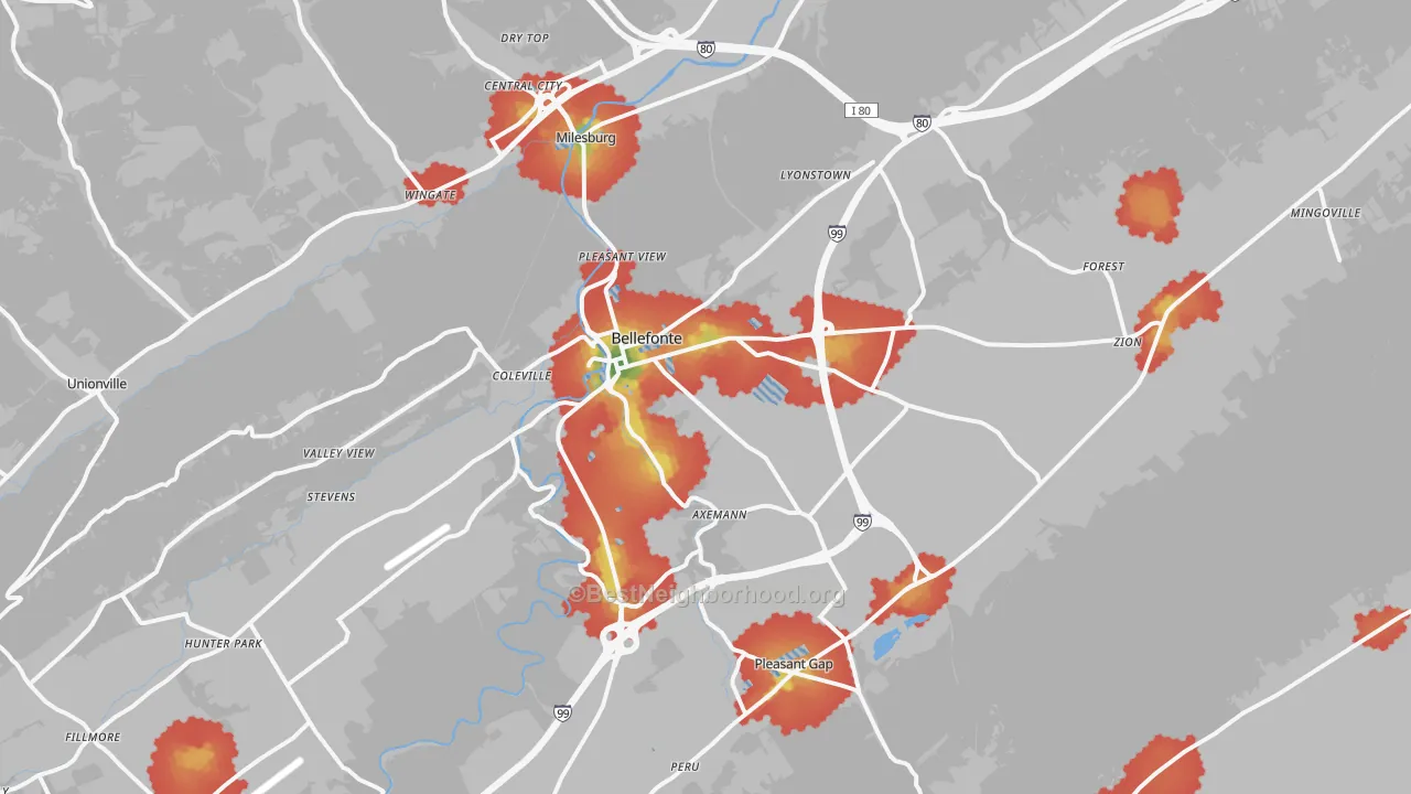 Walk Grade map of Bellefonte, PA, walkable areas in green and car-dependent areas in red