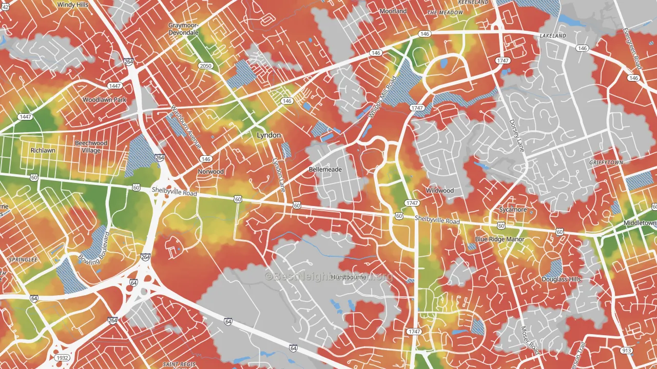 Walk Grade map of Bellemeade, KY, walkable areas in green and car-dependent areas in red
