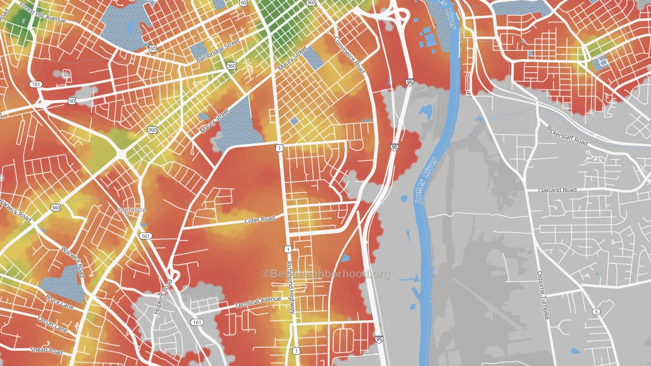 Walk Grade map of Bellemeade, Richmond, VA, walkable areas in green and car-dependent areas in red