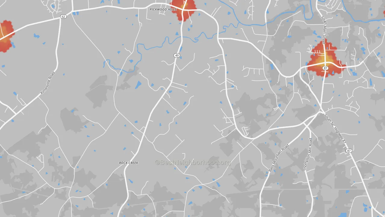 Walk Grade map of Bellemont, NC, walkable areas in green and car-dependent areas in red