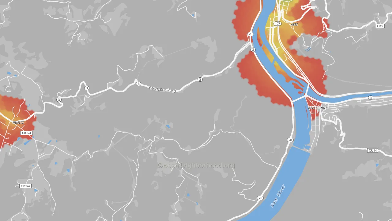 Walk Grade map of Bellepoint, WV, walkable areas in green and car-dependent areas in red