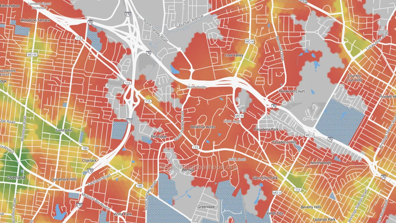 Walk Grade map of Bellerive, MO, walkable areas in green and car-dependent areas in red
