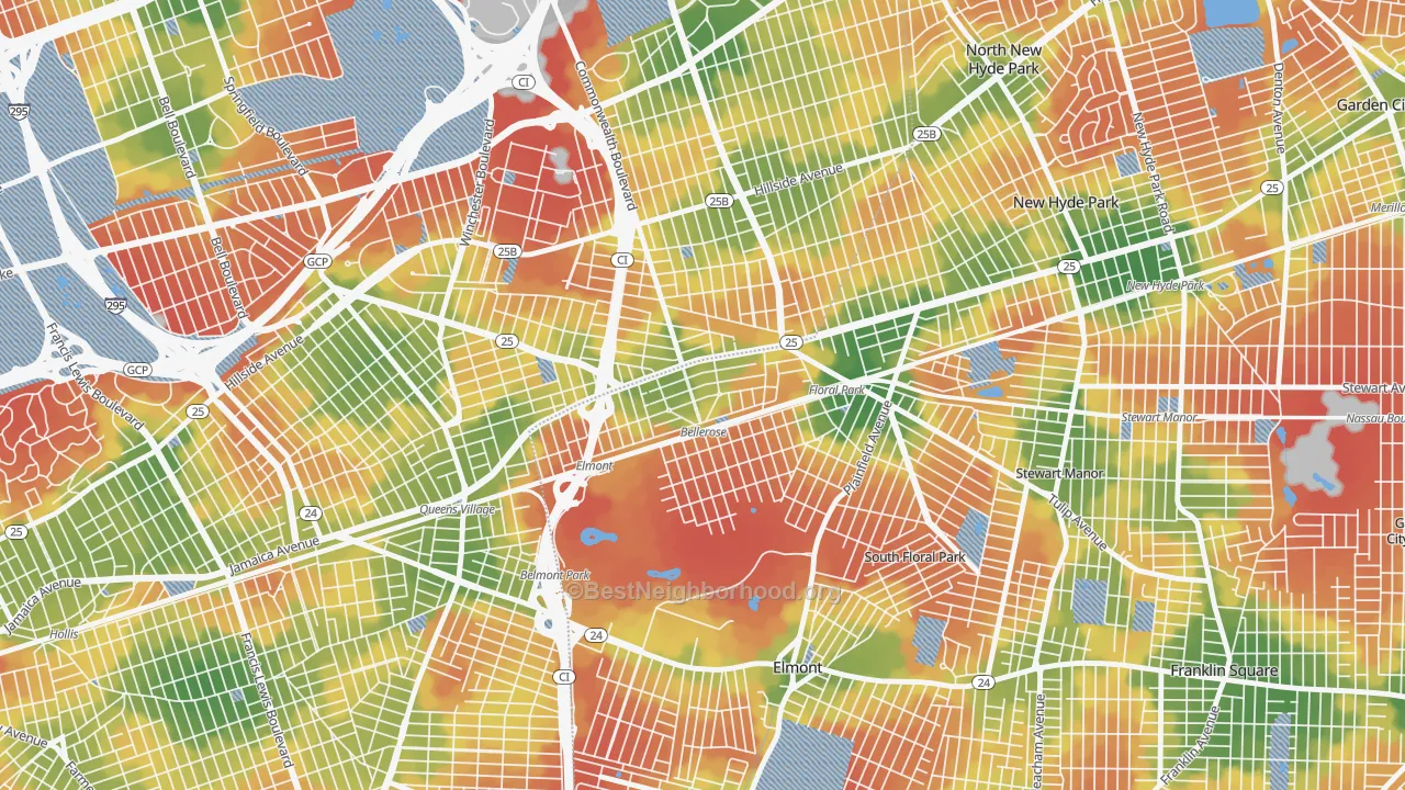 Walk Grade map of Bellerose, NY, walkable areas in green and car-dependent areas in red