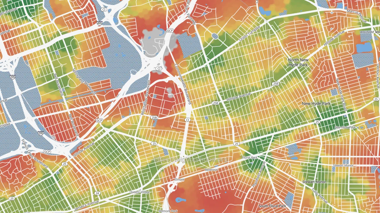 Walk Grade map of Bellerose, Queens, NY, walkable areas in green and car-dependent areas in red