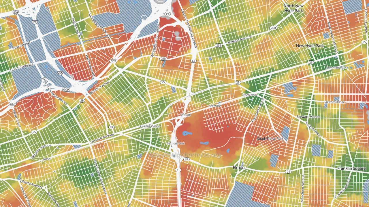 Walk Grade map of Bellerose Terrace, NY, walkable areas in green and car-dependent areas in red