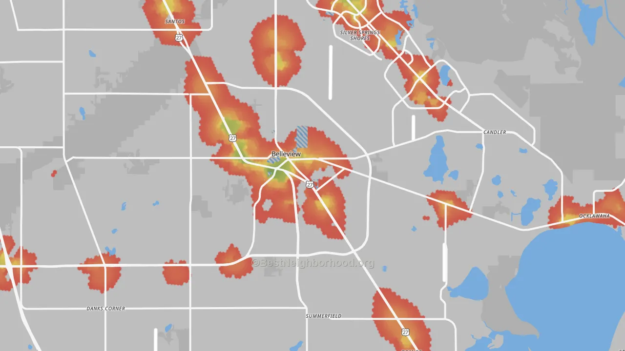 Walk Grade map of Belleview, FL, walkable areas in green and car-dependent areas in red