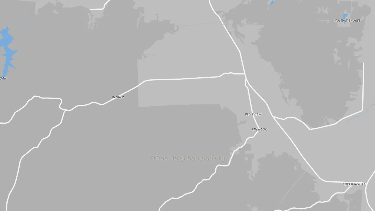 Walk Grade map of Belleview, MO, walkable areas in green and car-dependent areas in red