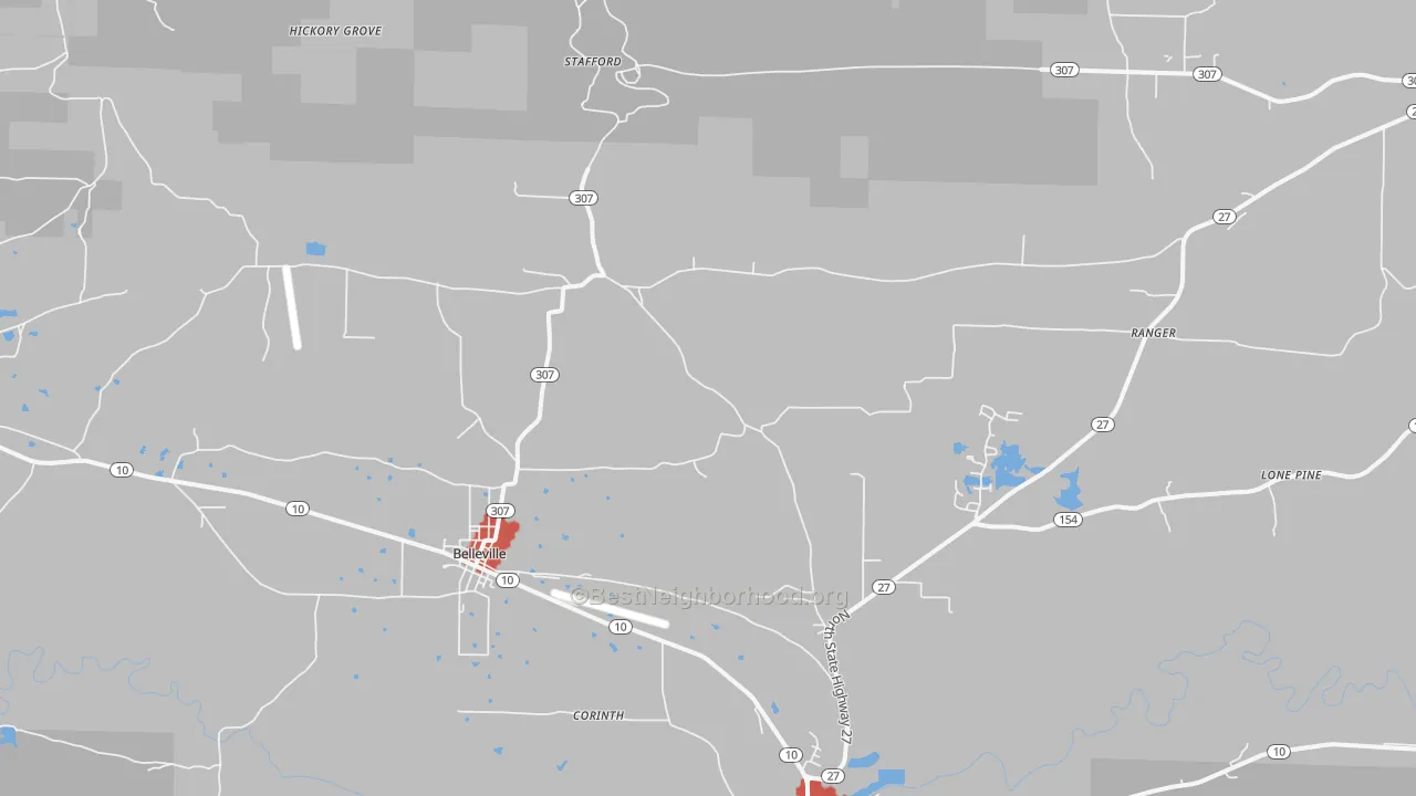 Walk Grade map of Belleville, AR, walkable areas in green and car-dependent areas in red