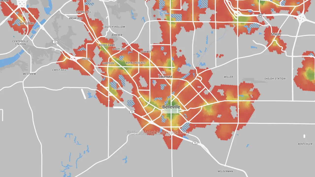 Walk Grade map of Belleville, IL, walkable areas in green and car-dependent areas in red