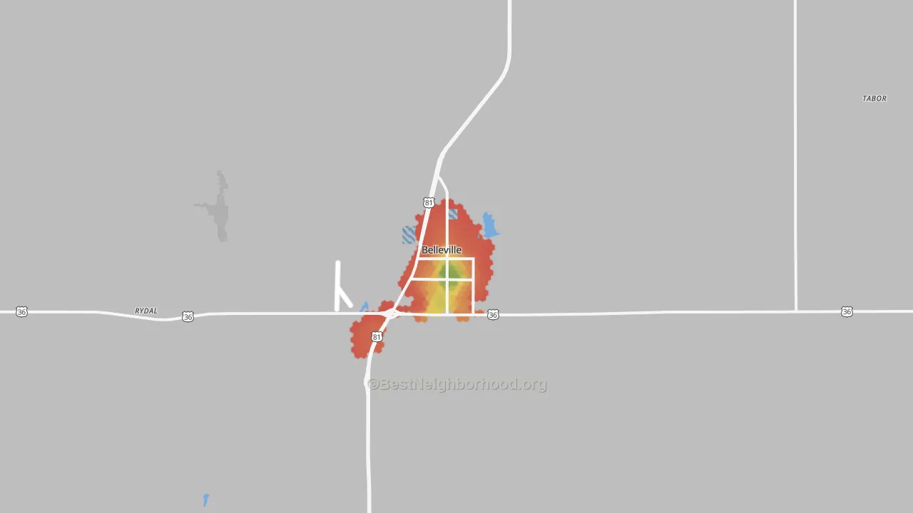 Walk Grade map of Belleville, KS, walkable areas in green and car-dependent areas in red