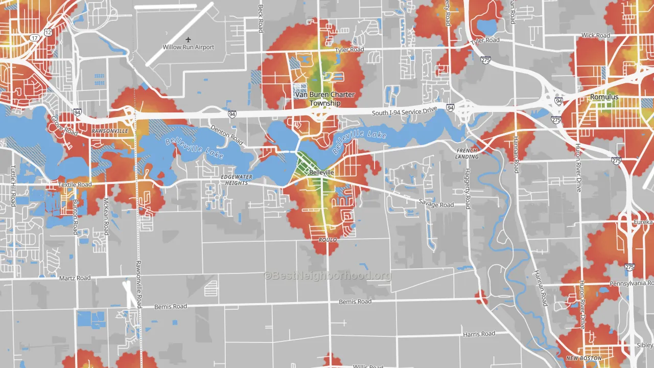 Walk Grade map of Belleville, MI, walkable areas in green and car-dependent areas in red