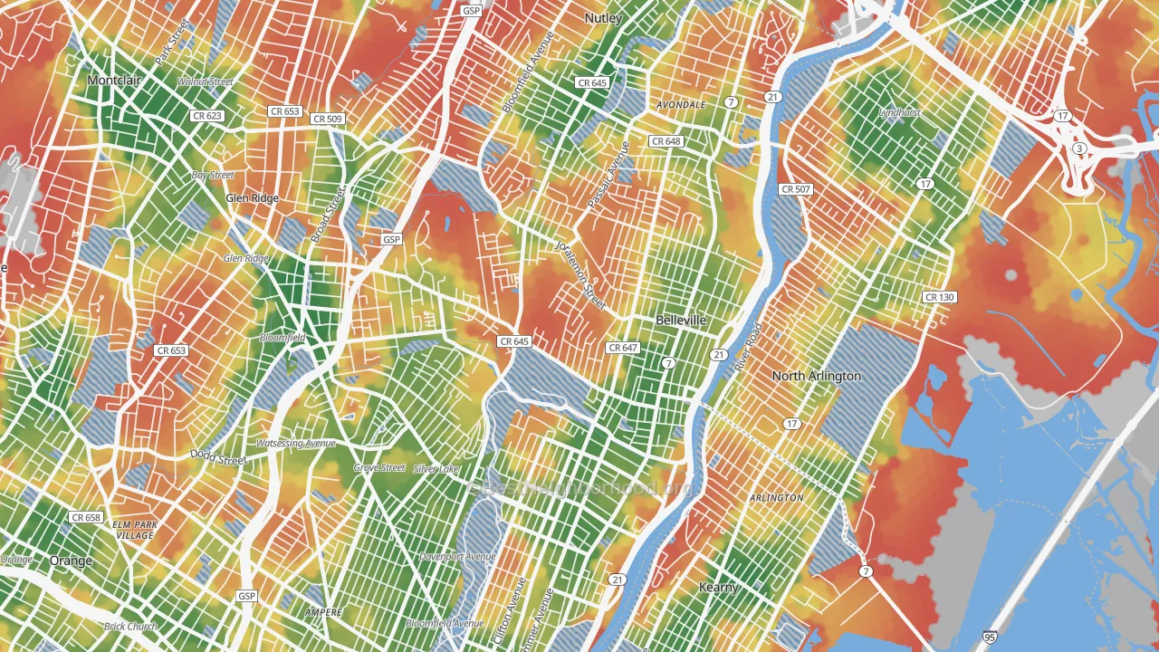 Walk Grade map of Belleville, NJ, walkable areas in green and car-dependent areas in red