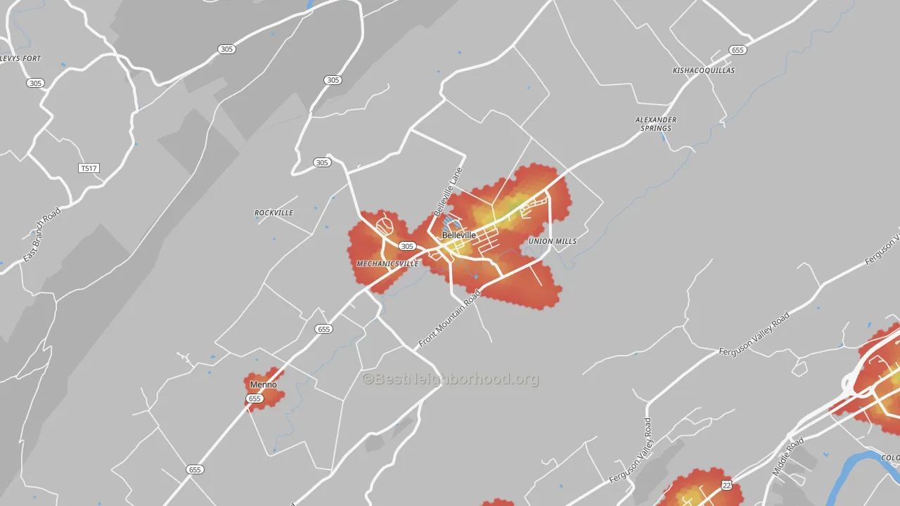 Walk Grade map of Belleville, PA, walkable areas in green and car-dependent areas in red