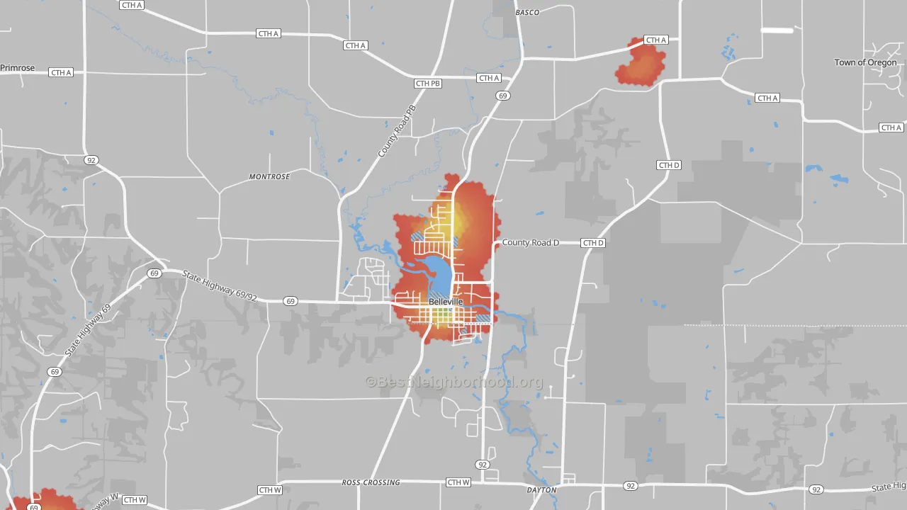 Walk Grade map of Belleville, WI, walkable areas in green and car-dependent areas in red