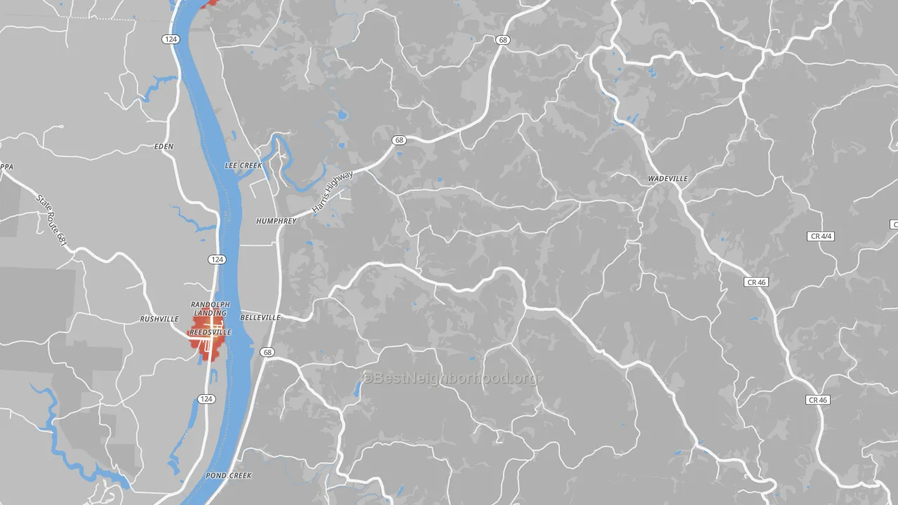 Walk Grade map of Belleville, WV, walkable areas in green and car-dependent areas in red