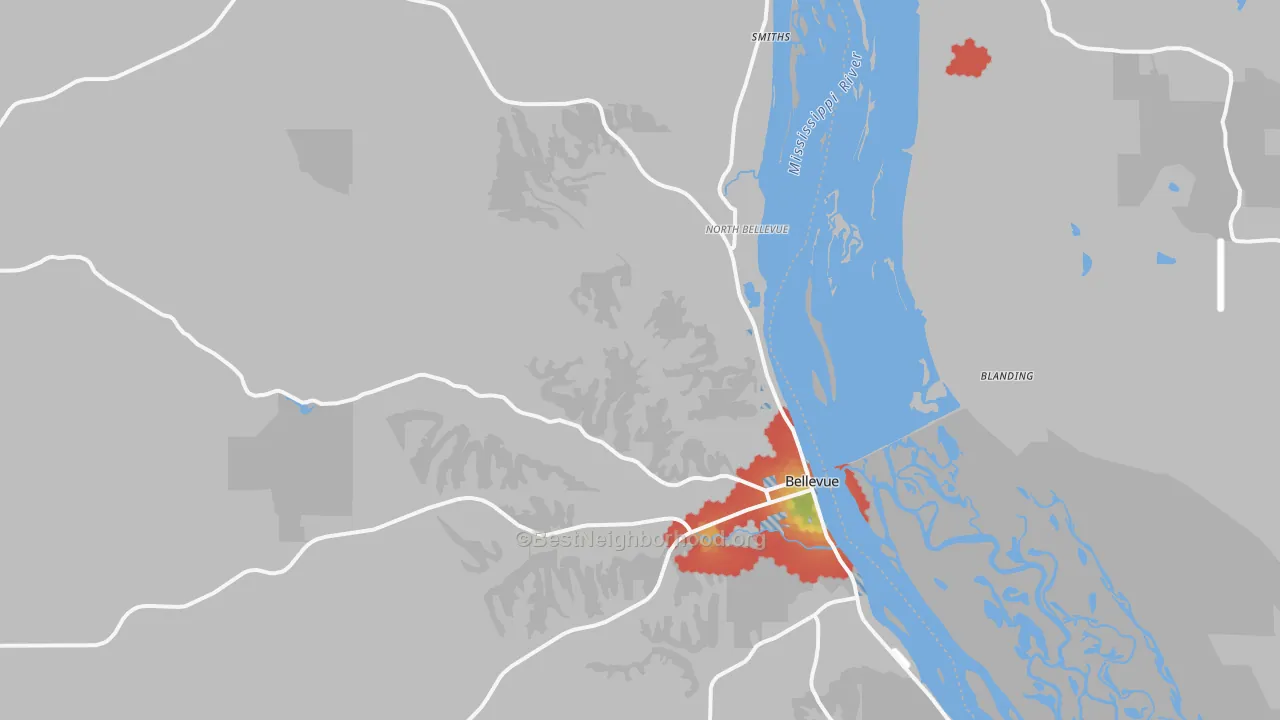Walk Grade map of Bellevue, IA, walkable areas in green and car-dependent areas in red