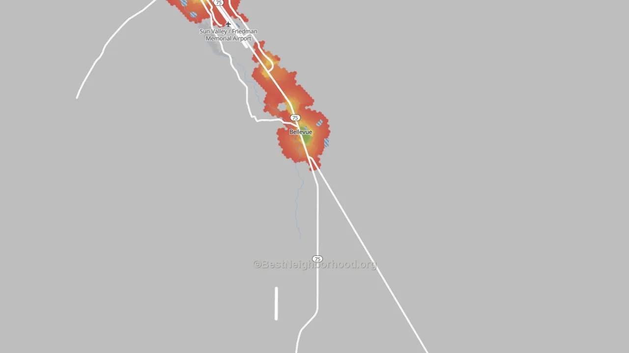 Walk Grade map of Bellevue, ID, walkable areas in green and car-dependent areas in red