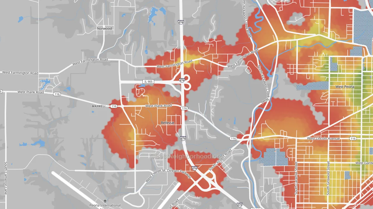 Walk Grade map of Bellevue, IL, walkable areas in green and car-dependent areas in red
