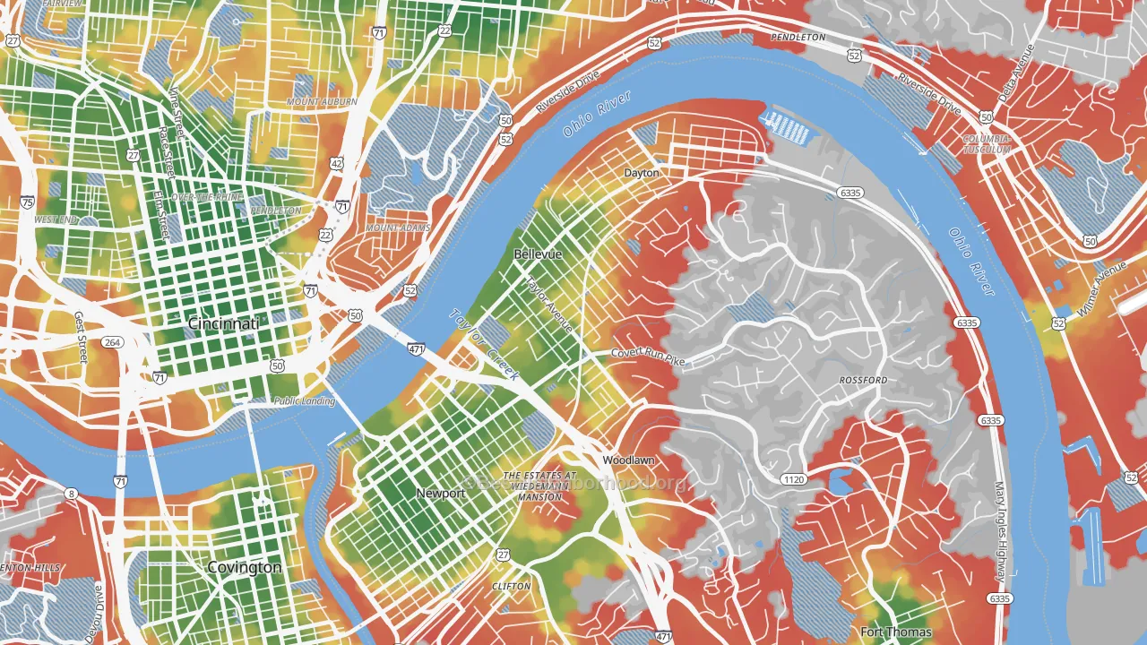 Walk Grade map of Bellevue, KY, walkable areas in green and car-dependent areas in red
