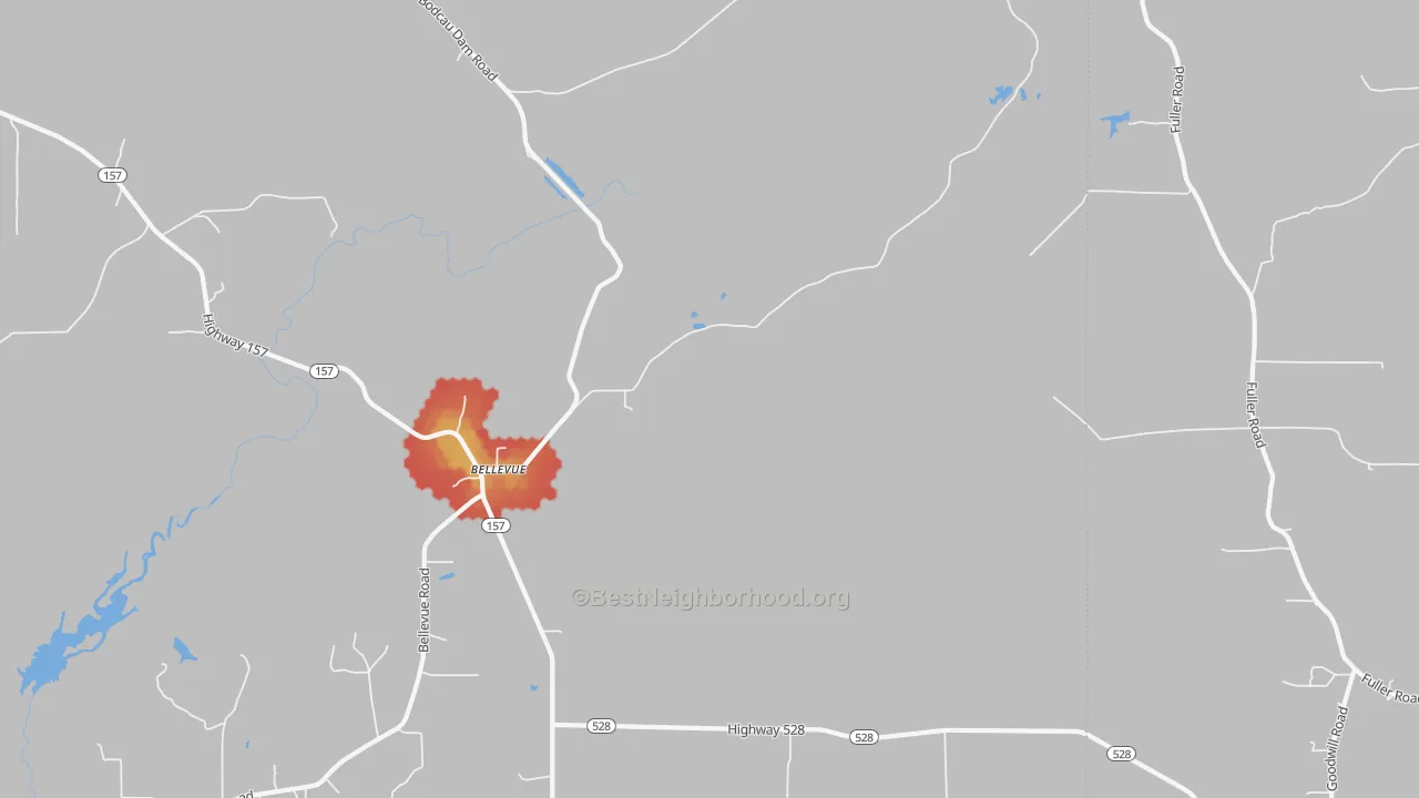 Walk Grade map of Bellevue, LA, walkable areas in green and car-dependent areas in red