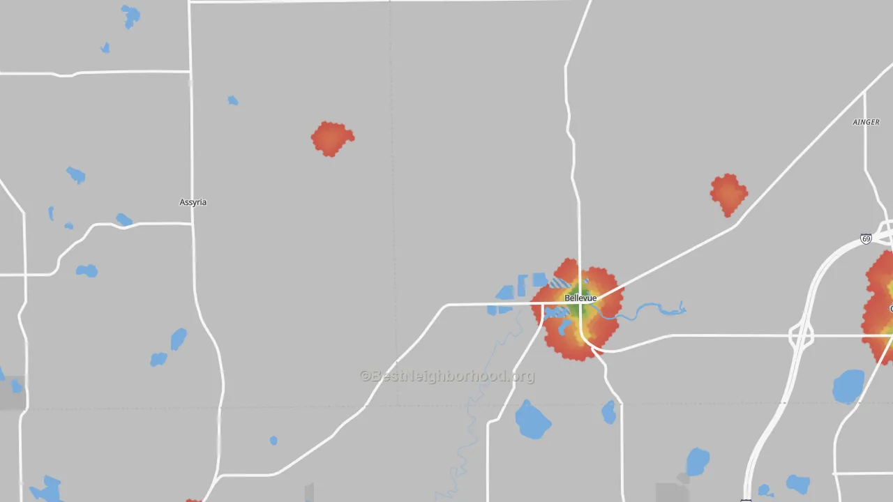 Walk Grade map of Bellevue, MI, walkable areas in green and car-dependent areas in red
