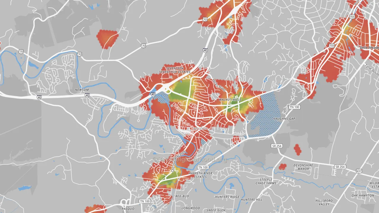 Walk Grade map of Bellevue, Nashville, TN, walkable areas in green and car-dependent areas in red
