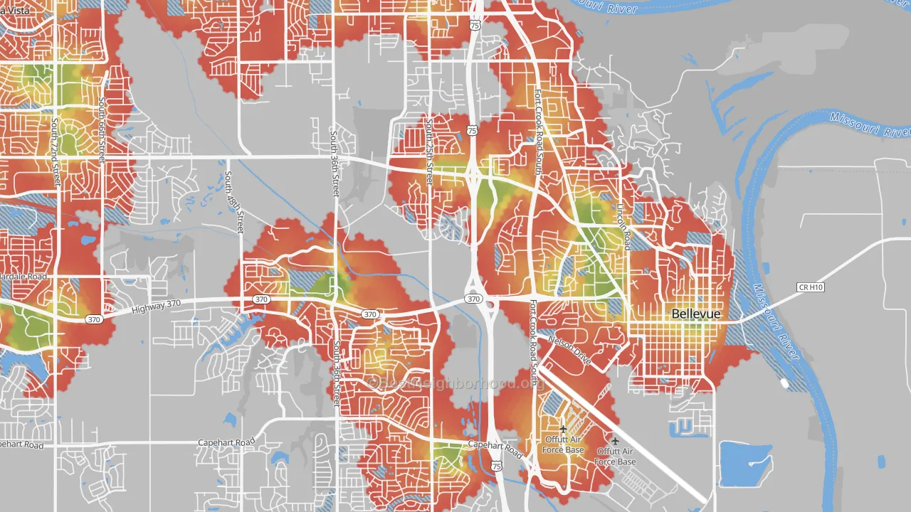 Walk Grade map of Bellevue, NE, walkable areas in green and car-dependent areas in red