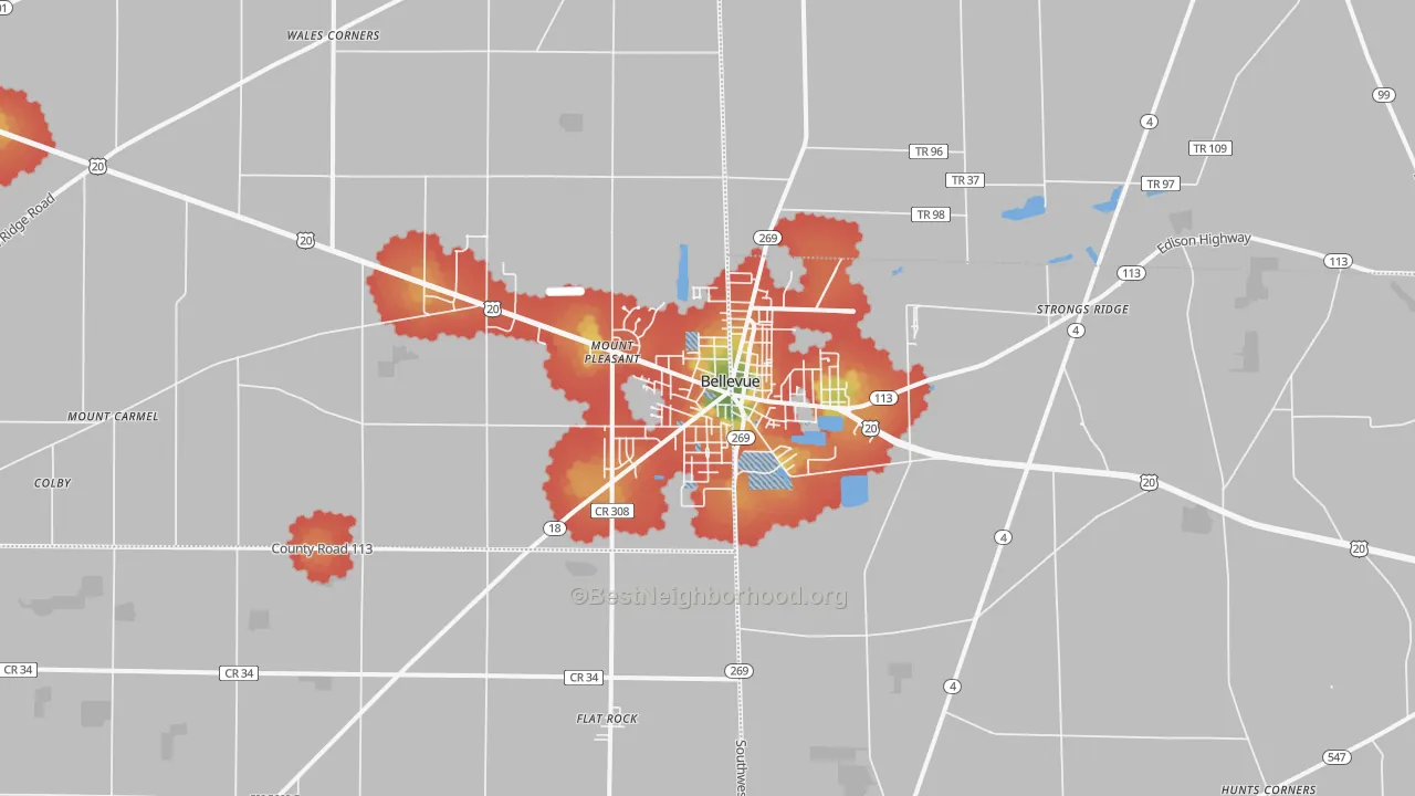 Walk Grade map of Bellevue, OH, walkable areas in green and car-dependent areas in red