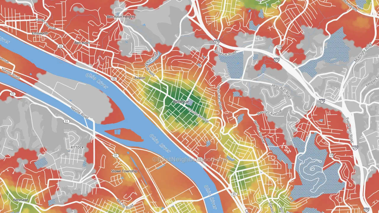 Walk Grade map of Bellevue, PA, walkable areas in green and car-dependent areas in red