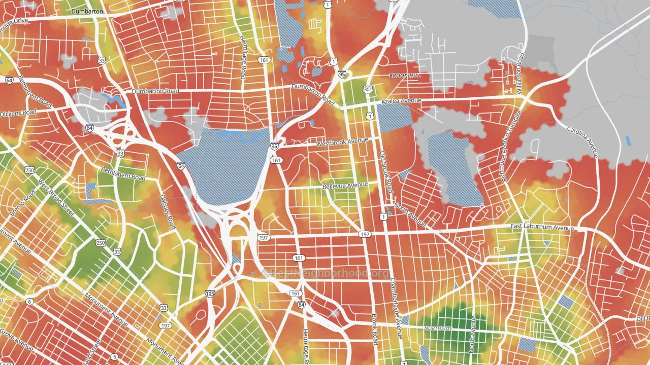 Walk Grade map of Bellevue, Richmond, VA, walkable areas in green and car-dependent areas in red