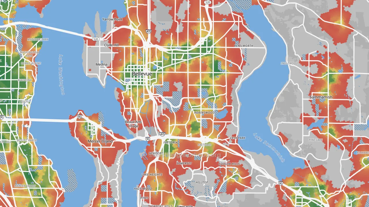 Walk Grade map of Bellevue, WA, walkable areas in green and car-dependent areas in red