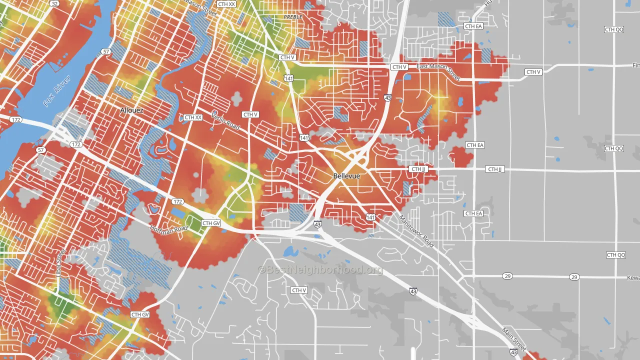 Walk Grade map of Bellevue, WI, walkable areas in green and car-dependent areas in red