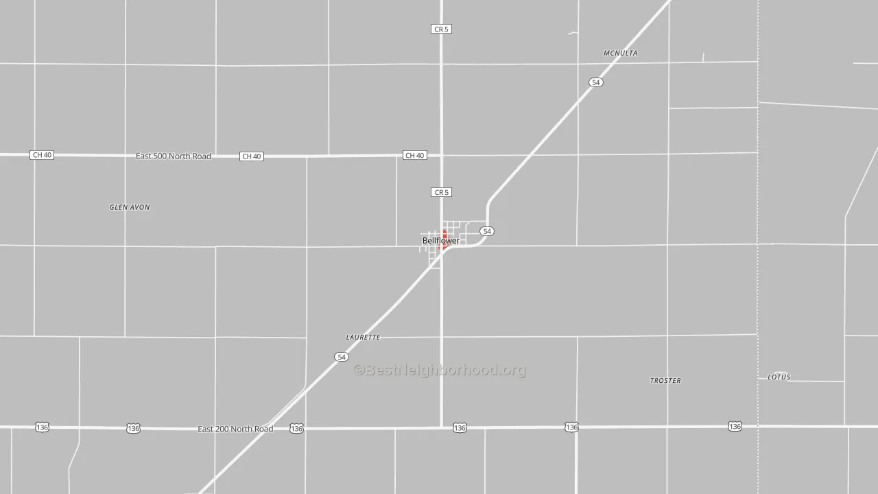 Walk Grade map of Bellflower, IL, walkable areas in green and car-dependent areas in red